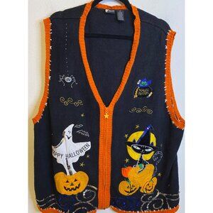 Vintage Holiday Editions Halloween Sweater Vest Pumpkin Ghost Embroidered 3X